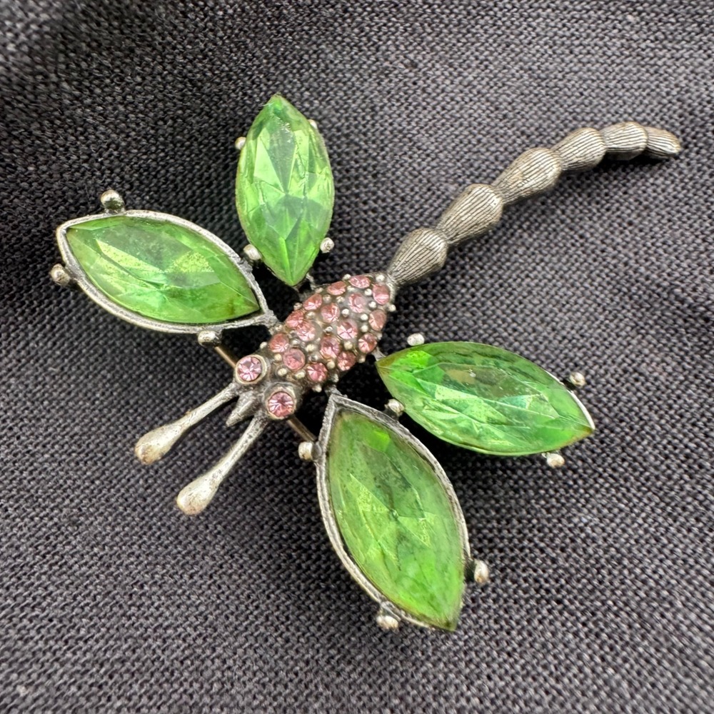 Vintage Dragonfly Brooch PInk Green Silvertone